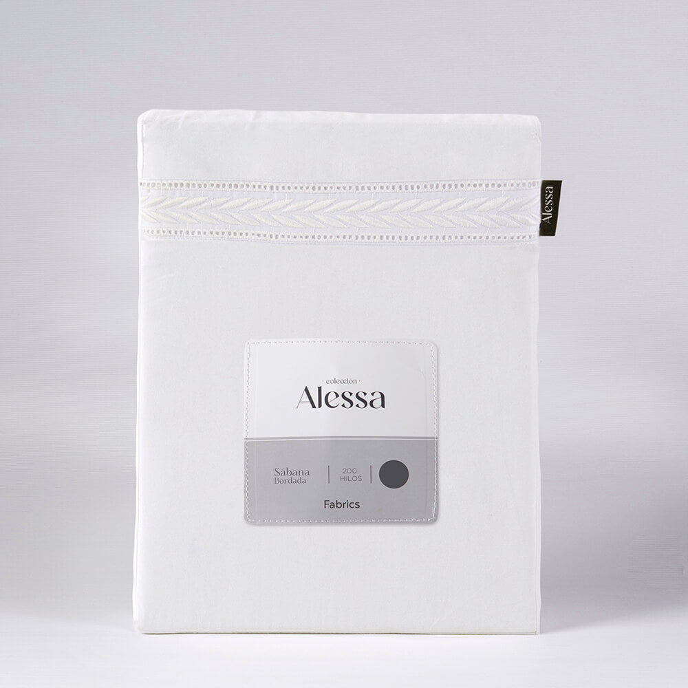 Sábana 200 Hilos Bordadas Espiga 1.5 Plazas Blanca