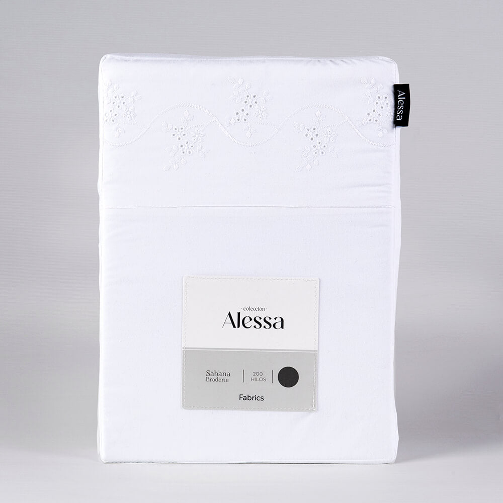 Sábana 200 Hilos Broderie Jazmín 1.5 Plazas Blanca