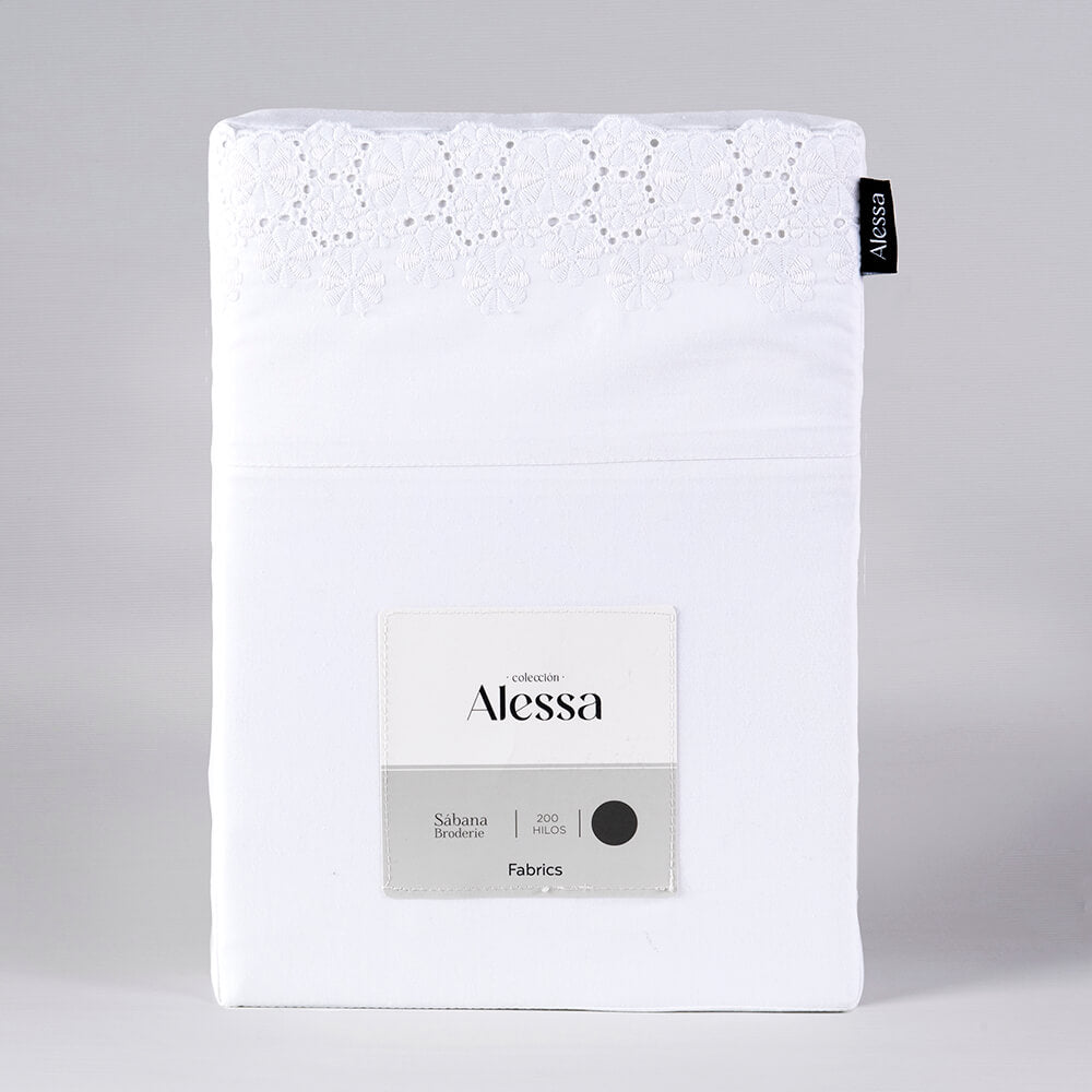 Sábana 200 Hilos Broderie  Magnolia 1.5 Plazas Blanca