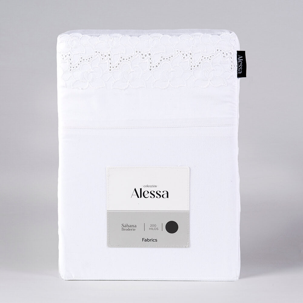 Sábana 200 Hilos Broderie Hortensia Super King Blanca
