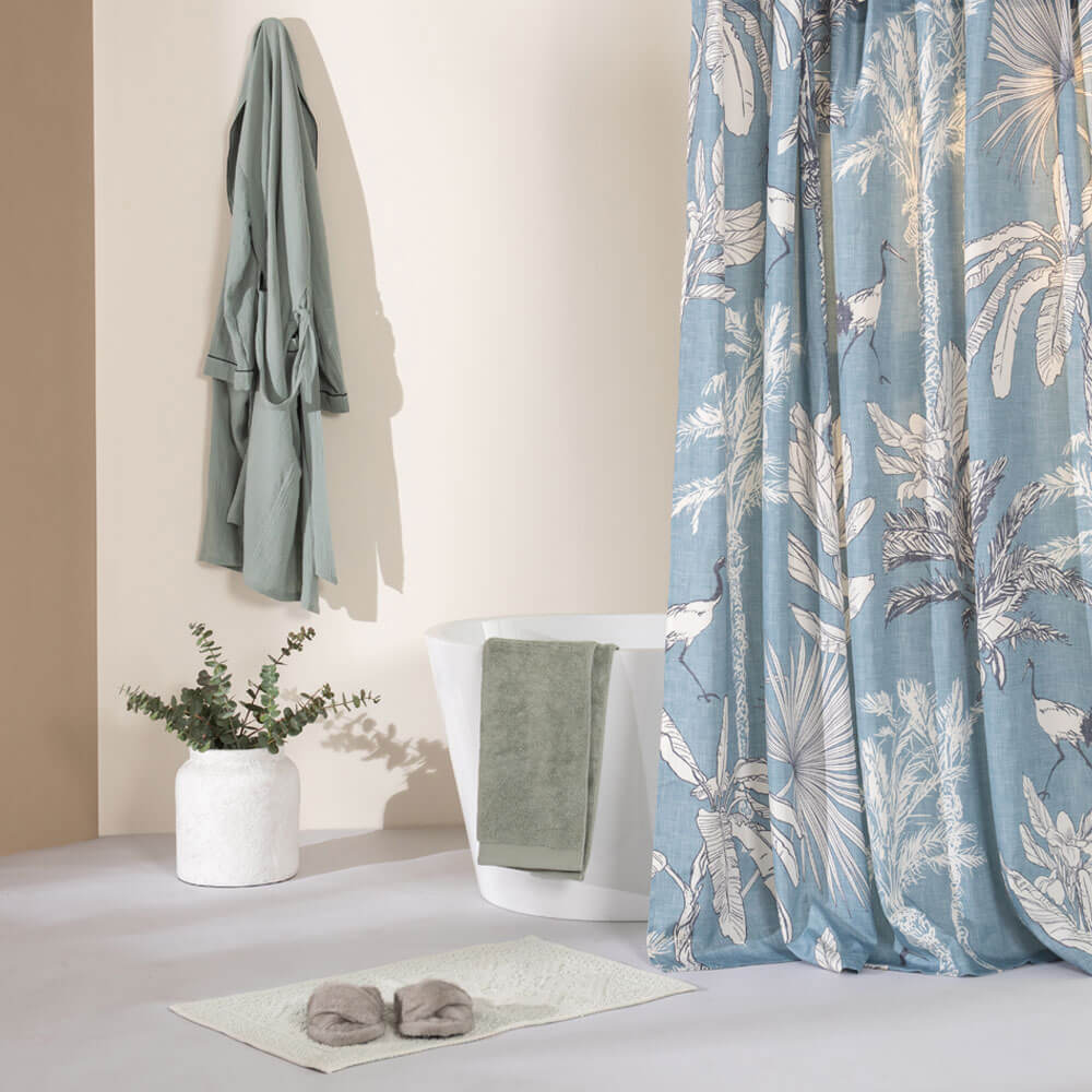 Cortina Baño Estampada Palmeras Azul
