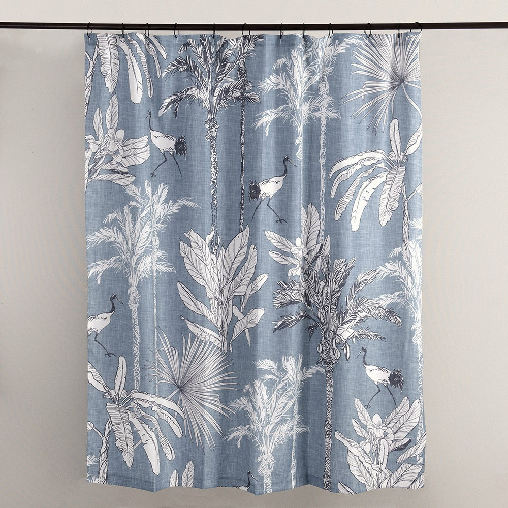 Cortina Baño Estampada Palmeras Azul