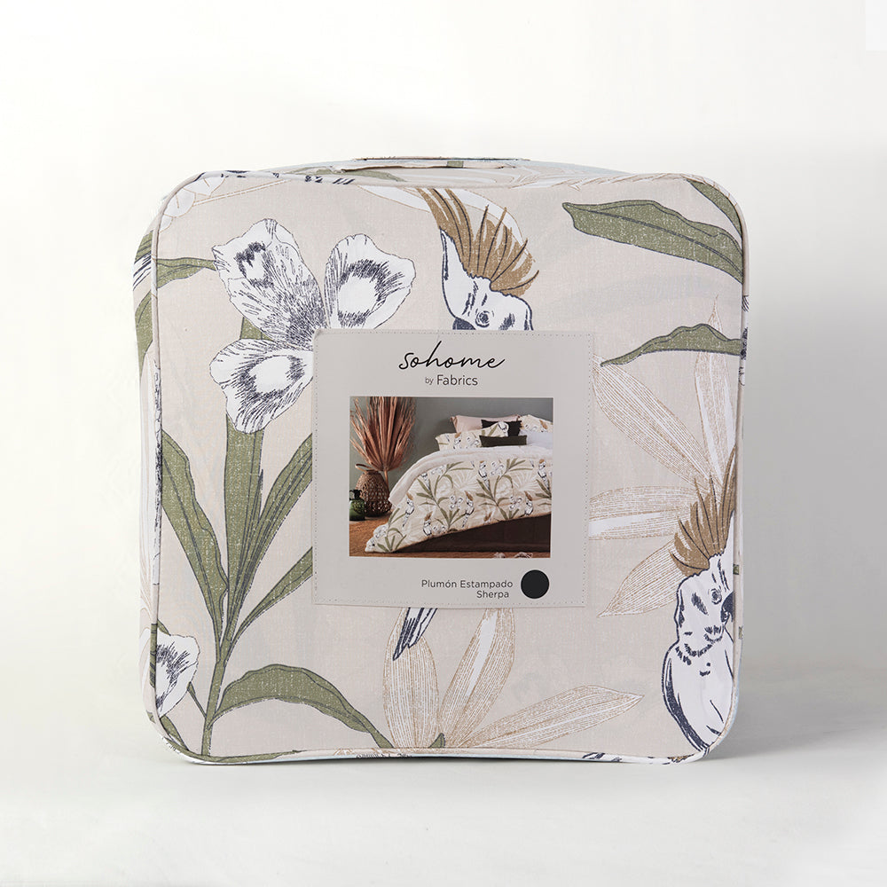 Plumón Estampado Sherpa Parrots 2 Plazas Beige
