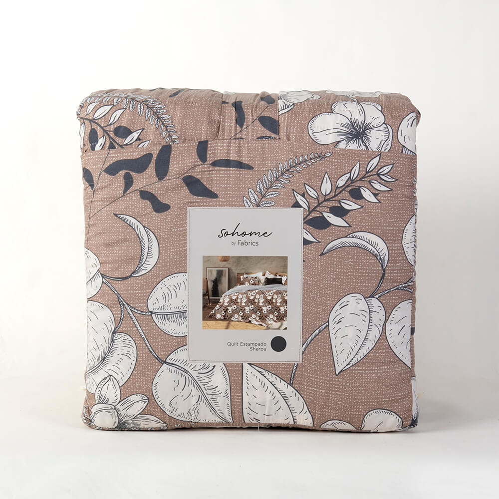 Cubrecama Quilt Estampado Sherpa Bosque King Camel