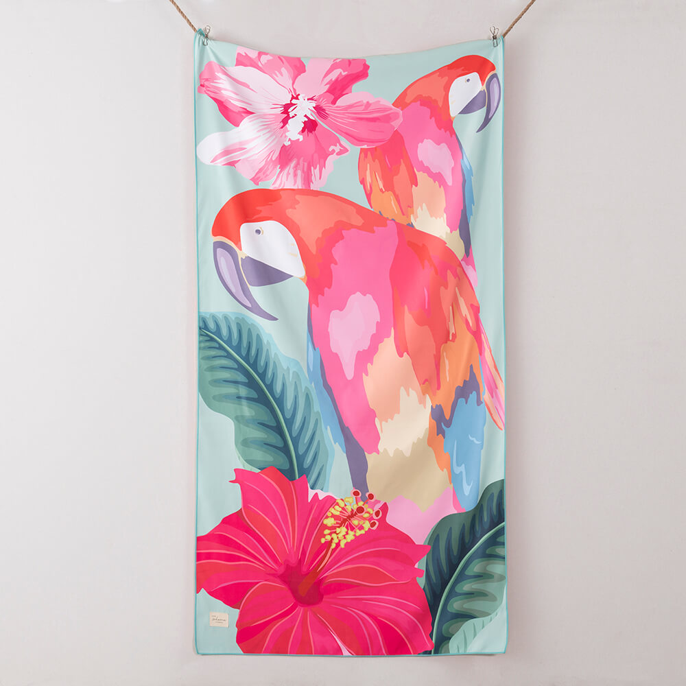 Toalla Playa Microfibra Loros Turquesa