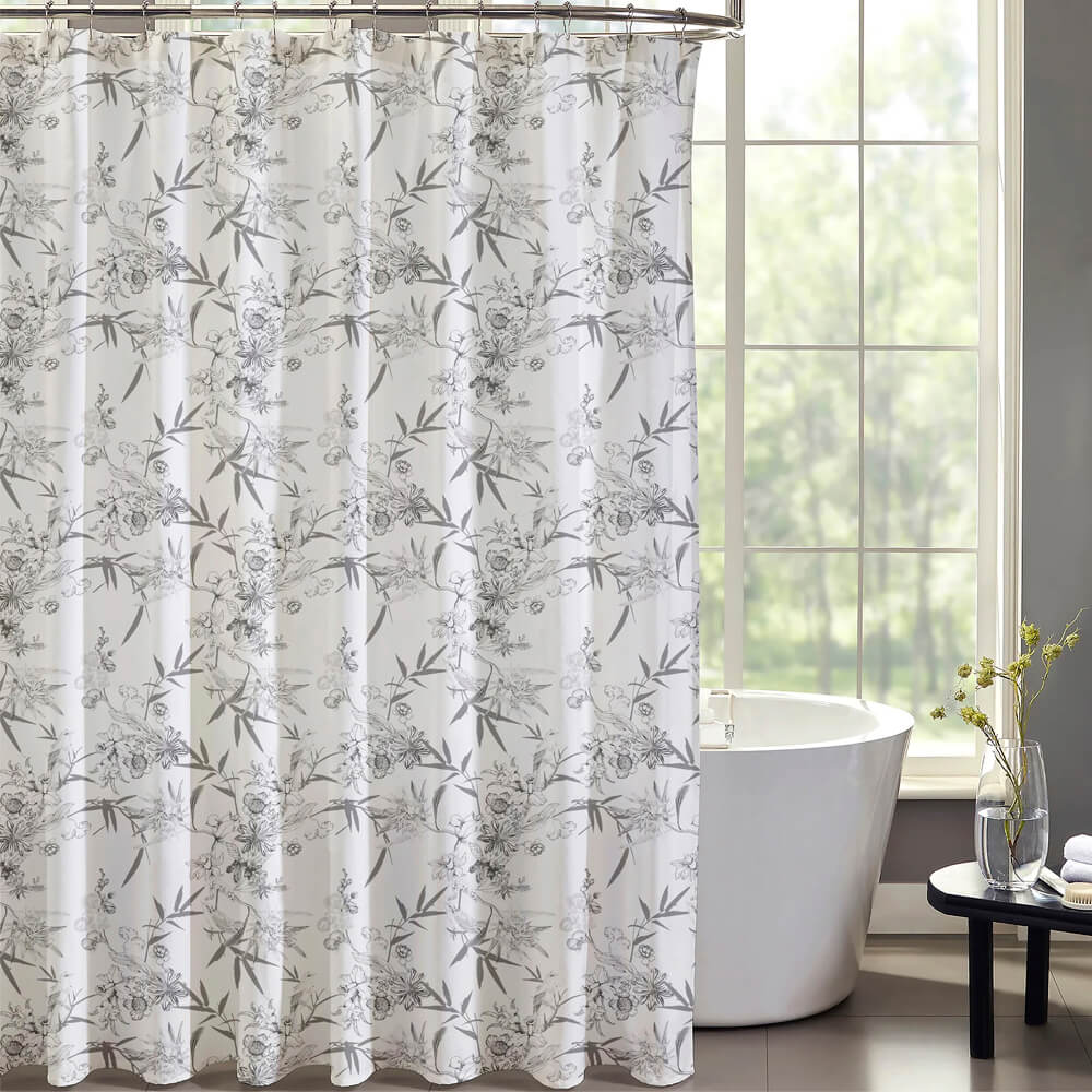 Cortina Baño Estampada Floral Negro